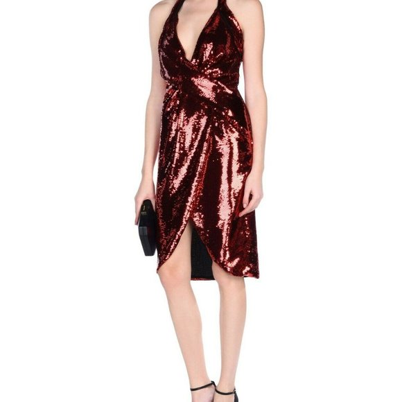 SOLD! AW15 Red Wrpeffect Sequined Crepe Halterneck Dress - Picture 3 of 11